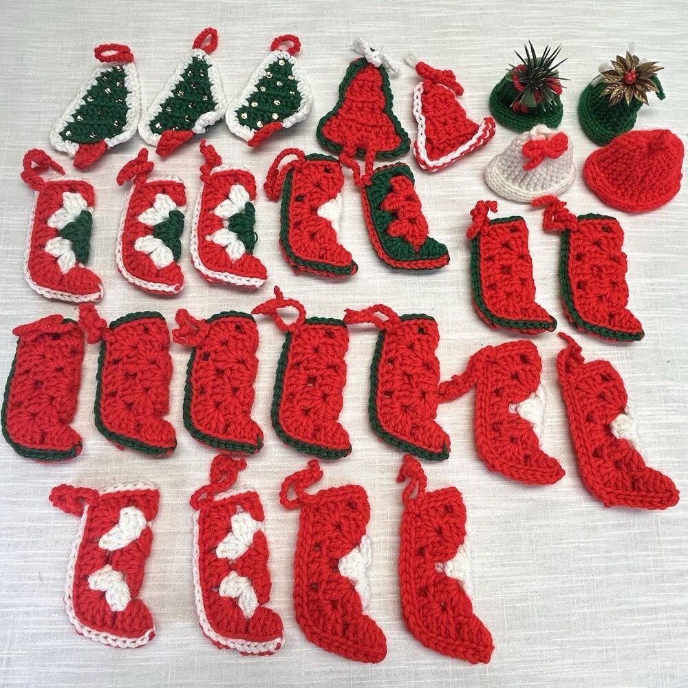 Handmade Vintage Crochet Knit Christmas Ornaments Lot Of 27 Tree Stocking Bell